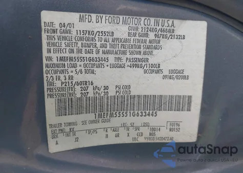 2001 Mercury Sable Ls Premium from USA, damaged, VIN 1MEFM55S51G633445